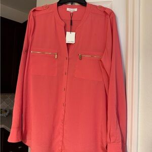 Calvin Kline Blouse NWT Vibrant Coral Signature Signature Gold Hardware SZ L